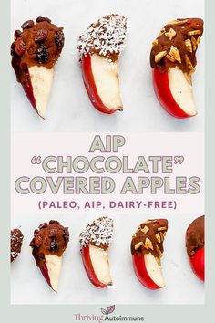 chocolate covered apples with almonds and sprinkles on top are featured in this advertisement