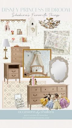 the disney princess bedroom is shown with furniture and accessories in pastel colors, including a dresser