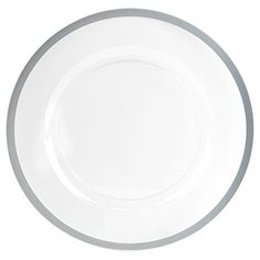 an empty white plate with silver trim on the rim, isolated against a white background