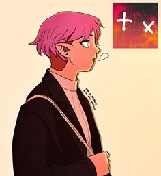 an anime character with pink hair and cross on the wall behind her is looking at something