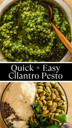 pesto sauce in a bowl with spoons next to it and the ingredients inside