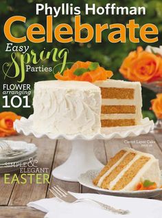 a magazine cover with a slice of cake on the plate and flowers in the background