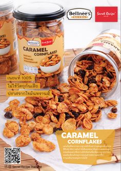 an advertisement for caramel cornflakes on a table