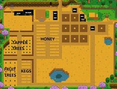 a map of a farm with trees and flowers