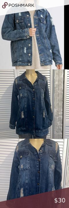 Wishing Waves Oversized Distressed Jean Jacket size L Rolled Collar, Distressed Jean Jacket, Distressed Denim Jacket, Distressed Denim, Jean Jacket, Denim Jacket, Loose Fitting, Plus Size, Blazer