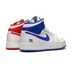 This mid-top Air Jordan 1 comes in a mismatched color blocking featuring a White tumbled leather upper with matching White mesh material used on the tongues and ankle collar. The left shoe sports Red accents, while the right comes in Blue as a possible nod to the Eastern Conference jerseys from the game. Finishing details includes ’85 embroidered on the heels referencing the year MJ made his All-Star Game debut.  Size & Fit  This trainer comes in Grade School sizing and therefore fits small, if Zoom 2k, Air Jordan 1 Mid Gs, Low Air Jordan 1, Jordan 8, Jordan 1 High Og, Jordan 2, Air Jordan 6, Air Jordan 1 High, Air Jordan 1 Low