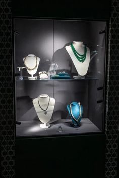 an assortment of jewelry displayed in a glass case