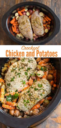 chicken and potatoes in a slow cooker with the words crockpot chicken and potatoes