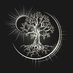 the tree of life with sun rays on black background