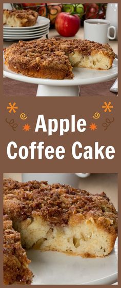 an apple coffee cake on a white plate with the title above it and below it