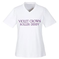 Ladies Violet Crown Roller Derby Performance Tee, available in black with gold print and white with purple print. These tees are personalized with your derby name and number on the back. Made from 100% polyester, these shirts are not only comfortable but also feature odor-resistant and stain-release fabric, and moisture wicking. If you're in San Antonio, you have the option for local pick-up, or else you can choose your preferred shipping method. Please note that these shirts are made to order, Purple Sports T-shirt With Logo Print, Sports Purple T-shirt With Logo Print, Sports Team T-shirt In Purple, Sports Purple T-shirt With Team Name, Sporty Purple T-shirt With Team Name, Purple Crew Neck T-shirt With Team Name, Sports T-shirt Purple With Logo Print, Derby Names, Violet Crown