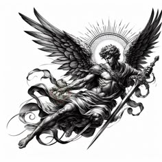 Archangel Michael Tattoo, Statue Tattoo, Angel Tattoo Designs, Religious Tattoos