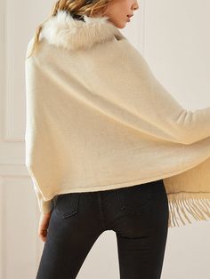 Solid Fringe Hem Dolman Sleeve Open Front Cape Cardigan Winter Long Sleeve Solid Color Cape, Beige Shawl Collar Sweater For Winter, Fall Soft Knit Poncho, Winter Poncho In One Size, One Size Winter Poncho, Chic Oversized Winter Shawl, Beige Shawl Collar Sweater For Fall, Winter Long Sleeve Poncho For Layering, Chic Oversized Shawl For Winter