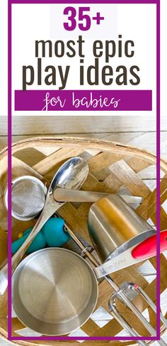 a basket with spoons, measuring cups and other kitchen utensils in it