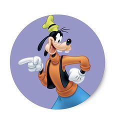 an image of goofy pointing at something on the side of a round sticker that says, mickey mouse