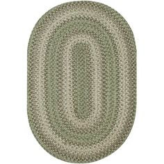 the oval rug is shown in green and white colors, with a braided edge