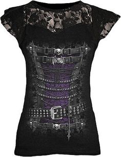 Top Seller for SPIRAL DIRECT Waisted Corset Lace Layered Viscose Ladies/Steam punk/Goth/Top/Tee, Women Tops Fitted Punk Style Party T-shirt, Rocker Fitted Tops For Halloween, Rocker Style Fitted Tops For Halloween, Fitted Rocker Style Tops For Halloween, Fitted Rocker Tops For Halloween, Gothic Fitted Short Sleeve Top, Fitted Gothic Short Sleeve Tops, Gothic Party Tops With Skull Print, Punk-style Fitted T-shirt For Festivals