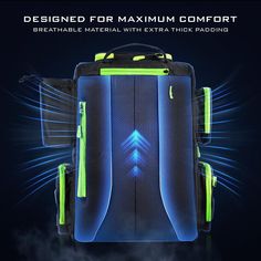 the back side of a backpack with neon lights and an arrow on it's front