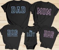 Crew Neck Tops For Gender Reveal, Black Family Matching T-shirt For Gender Reveal, Family Matching Long Sleeve Tops For Gender Reveal, Black Family Matching Tops With Funny Text, Black Letter Print Shirt For Gender Reveal, Black Tops With Funny Text For Family Matching, Black T-shirt With Name Print For Parenting, Family Matching Tops With Letter Print For Gender Reveal, Black Custom Print Top For Gender Reveal