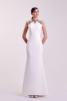 Her Trove - Beaded neckline crepe dress Edward Arsouni, Crepe Gown, Beaded Neckline, Crepe Dress, White Fashion, Dress Sleeveless, Lebanon, Sheath Wedding Dress, Evening Dress