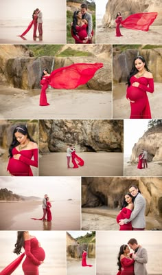 a pregnant woman in a red dress poses with her husband on the beach