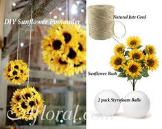 sunflowers are hanging from the ceiling and in vases with balls of twine