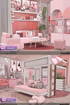 the interior of a living room with pink furniture and accessories on display in three different views