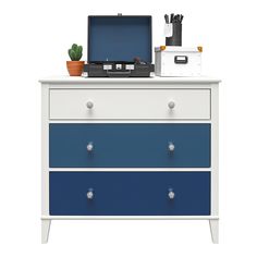 a blue and white chest of drawers with a laptop on top of it, next to a potted plant