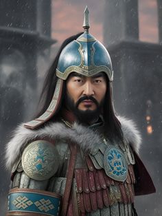 a man with long black hair wearing a helmet and fur on his head is standing in the rain