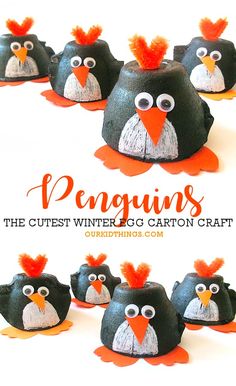 the penguins are made out of construction paper and painted with orange pom - poms