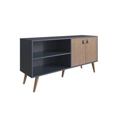 the sideboard is made from wood and has two doors, one with an open shelf