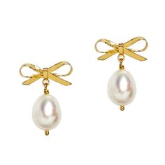 Romantic and sweet, our Olivia Pearl Bow Earrings are hand created with a perfect pair of pearl drops. Handcrafted in NYC High quality white Freshwater Cultured Pearls Electroplated brass 5/8" | 16mm wide x 7/8" long | 22mm long Nickel free Comes in a signature pouch with box Remove pearl jewelry when bathing, showering or swimming. Avoid direct contact with perfume, lotions or other chemicals. Wipe clean with a soft cloth only. Ring Guide, Pearl Bow, Romantic Jewellery, Bow Earrings, Freshwater Cultured Pearls, Pearl Drop, Cultured Pearls, Ring Bracelet, Earring Necklace