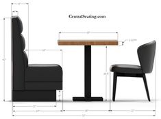 a table and chair with measurements for the seat upholstered on each side,