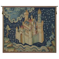 a tapestry with a castle in the middle and stars on it's back ground