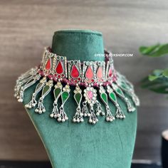 Afghani Mirror Multicolor Navratri Choker Necklace. American Diamond Necklaces, Oxidized Necklace, Polki Necklace, Western Earrings, Ethnic Necklaces, Ethnic Earrings, Kundan Necklaces, American Diamond, Acrylic Earrings