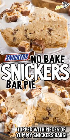 no bake snickkers bar pie with pieces cut out and stacked on top