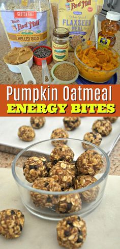 pumpkin oatmeal energy bites in a glass bowl on top of a counter