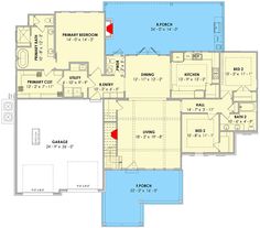 the first floor plan for a home with two master suites and an attached pool area