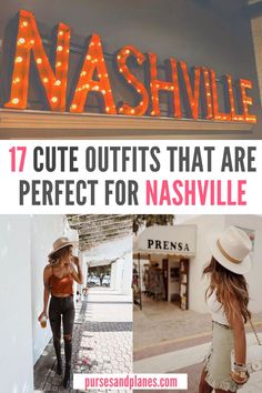 the words nashville are lit up in orange and white, with an image of a woman wearing