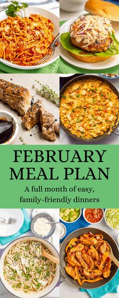 the cover of a cookbook with pictures of different meals on it and text that reads, february meal plan