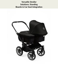 a black stroller with wheels and seat