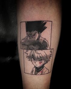 a man with a tattoo on his leg has an anime character in the frame and another demon