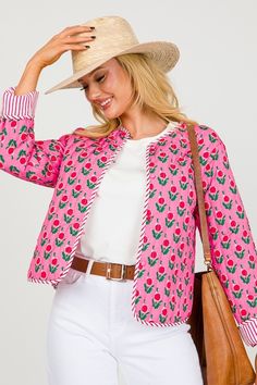 Pink Cotton Outerwear With Floral Print, Pink Floral Print Outerwear For Spring, Preppy Cotton Outerwear For Spring, Off Shoulder Jacket, Flower Jacket, Athleisure Accessories, Blue Door, Comfy Tops, Blazer Dress