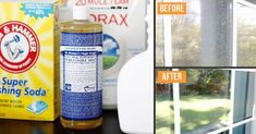 four pictures show different types of cleaning products and the same product in front of them