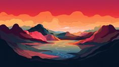 an abstract painting of mountains and water at sunset