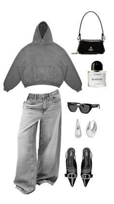 Moodboard, fall fashion, hoodie outfit, gray hoodie , grey jean outfit, fashion, fall2024, casual outfit, kitten heels outfit, prada bag outfit, prada glasses outfit Fall Outfits With Glasses, Prada Glasses Outfit, Dark Gray Pants Outfit, Grey Jeans Outfit Winter, Gray Jeans Outfit Winter, Grey Crewneck Outfit, Grey Hoodie Outfit, Highschool Fits, Gray Hoodie Outfit