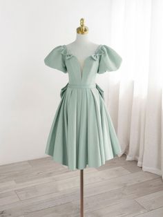 A-Line Green Puffy Sleeve Short Prom Dress Outfits For Girls V-neck Pleated Dresses For Banquet, Knee-length Pleated Wedding Dress, Elegant Green Mini Puff Sleeve Dress, Green Puff Sleeve Dress For Wedding, Wedding Pleated Mini Dresses, Pleated Mini Length Wedding Dresses, Green Knee-length Wedding Dress, Wedding Mini Length Pleated Dresses, Elegant Green Knee-length Puff Sleeve Dress