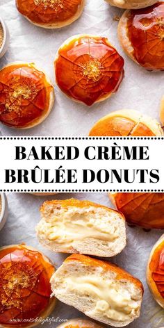 baked creme brule donuts with oranges in the background and text overlay that says baked creme brule donuts