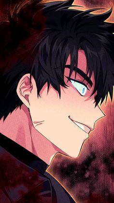 an anime character with black hair and blue eyes looking to his left, in front of a red background