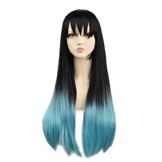 Demon Slayer Kimetsu no Yaiba Muichiro Tokito Cosplay Wig- Gradient Black Green Wig with Bangs Tokito Wigs, Tokito Wigs Free Shipping, Tokito Cosplay, Green Wig, Hair Net, Wig With Bangs, Demon Slayer Kimetsu No Yaiba, Blue Gradient, Beauty Saloon